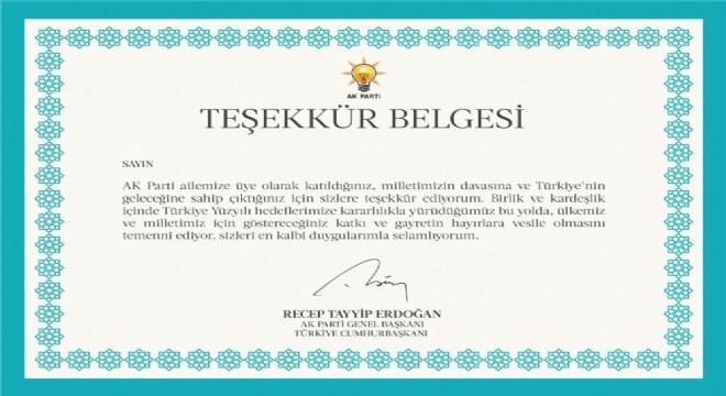 AK Parti'den üyelere teşekkür belgesi