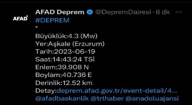 Aşkale'de 4,3 büyüklüğünde deprem