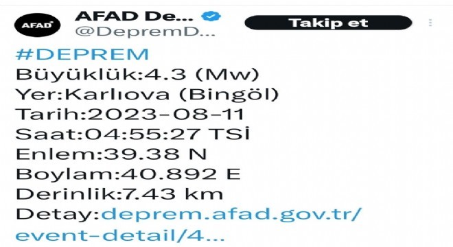 Bingöl'de 4.3'lük deprem
