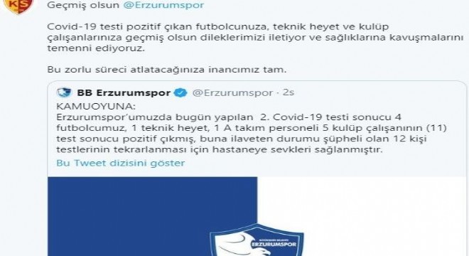 Kayserispor'dan Erzurumspor'a geçmiş olsun mesajı